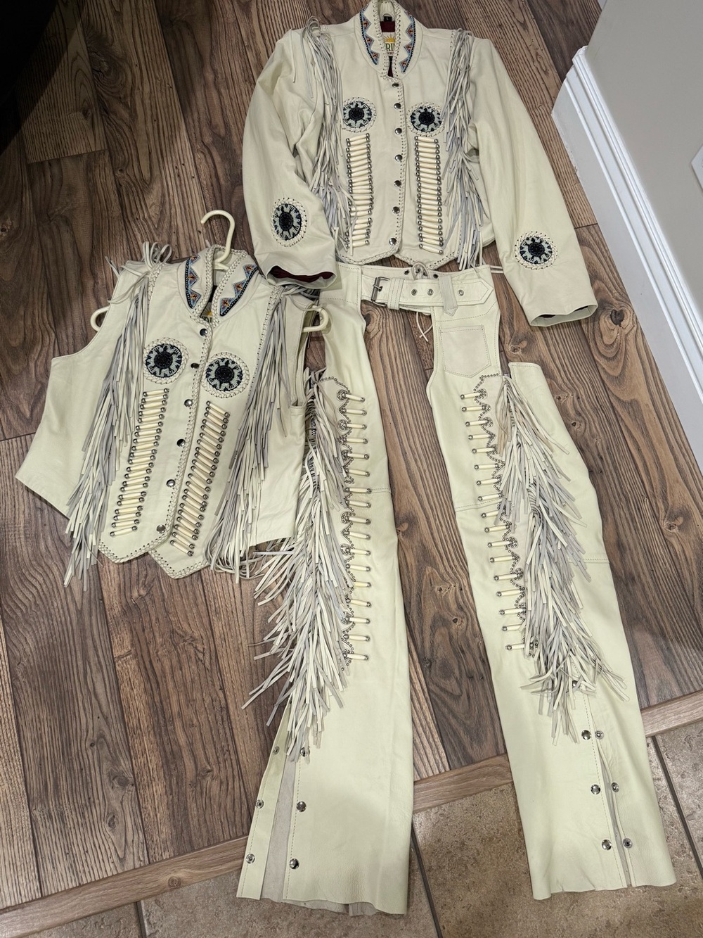 Sunriders leather 3 piece Western Fringe Jacket Vest & Chaps